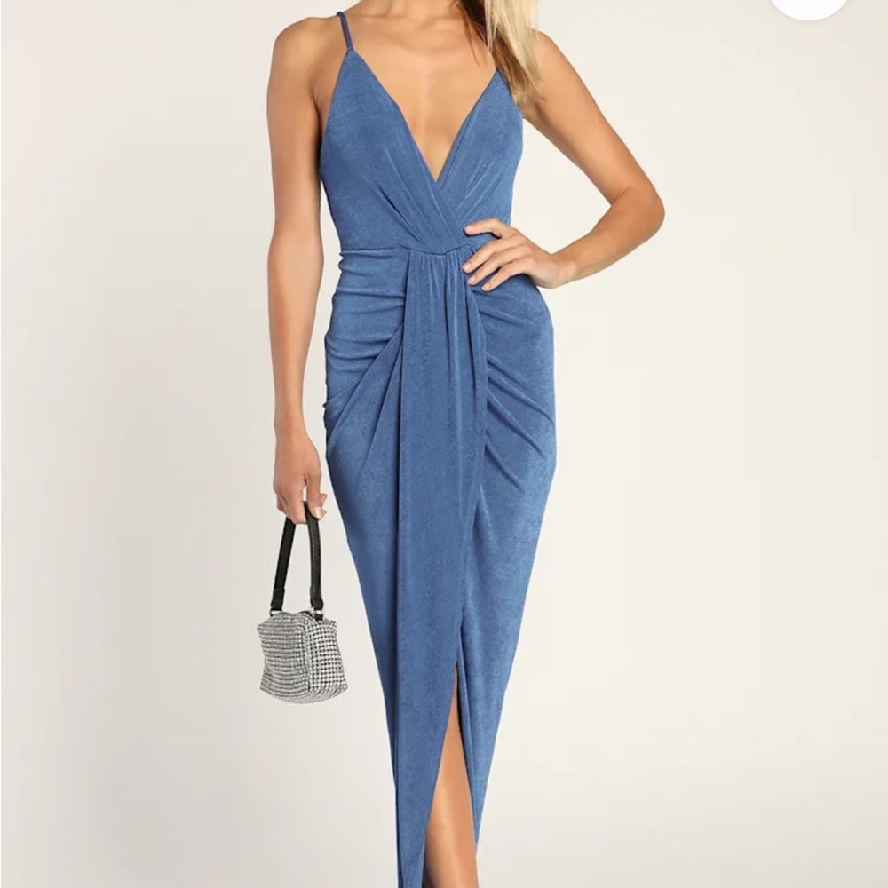 Lulus Dreamy Date Blue Surplice Midi Dress